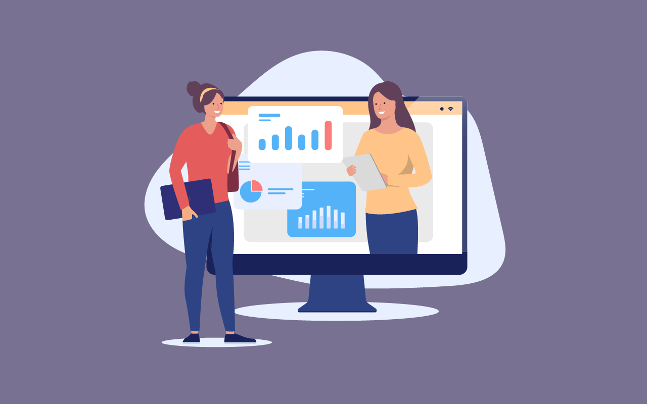 A woman presents graphs to a female university student